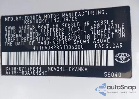 2006 Toyota Camry Solara Se из США, поврежденный, VIN 4T1FA38P86U085600